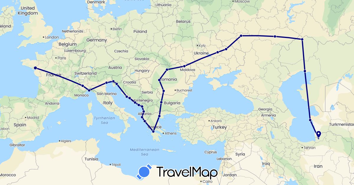 TravelMap itinerary: driving in Albania, Bulgaria, France, Greece, Croatia, Iran, Italy, Kazakhstan, Moldova, Montenegro, Romania, Russia, Turkmenistan, Ukraine (Asia, Europe)